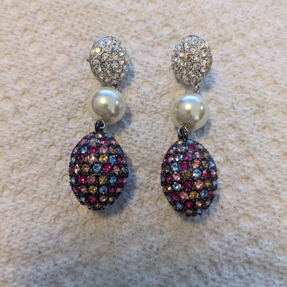 Joan Boyce Multi-colored Pave Swarovski Crystal Eggs with Pearl Beaded Earrings
